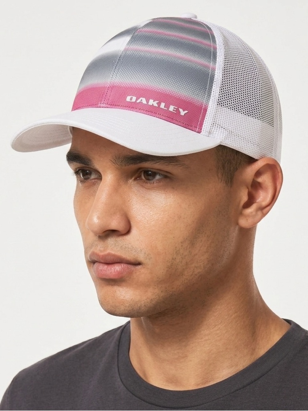 Oakley O-Hydrolix Mesh Trucker Hat Cap White Pink Stripe L/XL Fitted Stretch